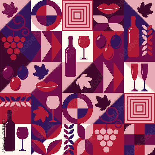Red wine theme background with design elements in simple geometric style. Seamless pattern with abstract shapes. Good for branding, decoration of wine package, cover design, decorative print