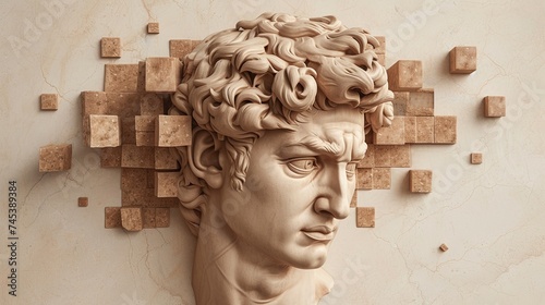 Artistic composition with floating cubes and sculpted male head in antique (Greek, Roman) style. Beauty in stone. Illustration for cover, postcard, greeting card, interior design, etc.