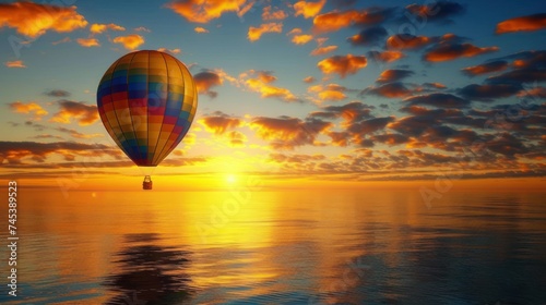 a hot air balloon flying in the sky over a body of water with a setting sun in the back ground.