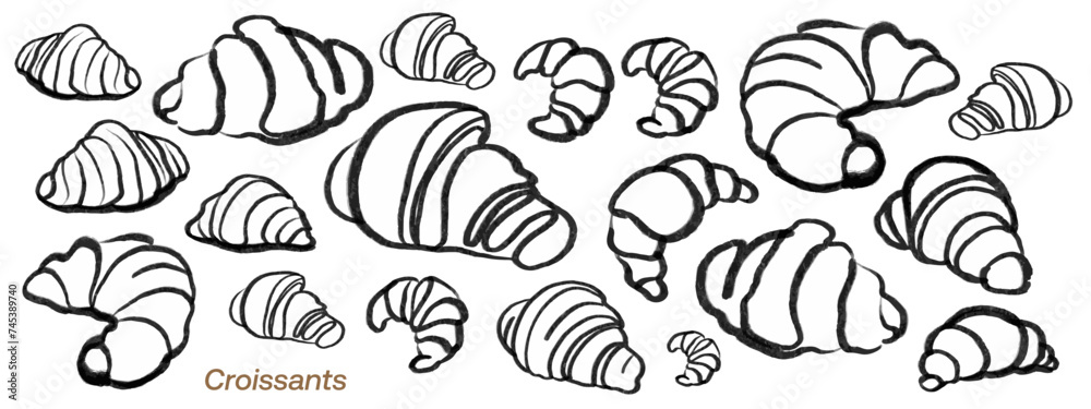 Isoplated vector set of croissants. Bakery. Hand drawn and chalked cookies, barolls, pies, cakes, pastries. Vintage template with pastries sketch. Fresh bakery. Shop. Template.