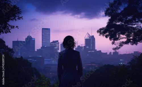 Silhouette of a woman contemplating the skyline at twilight.