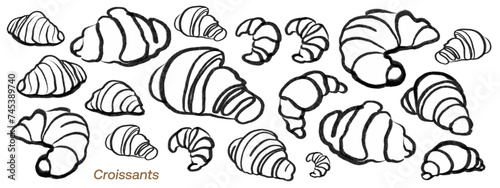 Isoplated vector set of croissants. Bakery. Hand drawn and chalked cookies, barolls, pies, cakes, pastries. Vintage template with pastries sketch. Fresh bakery. Shop. Template.