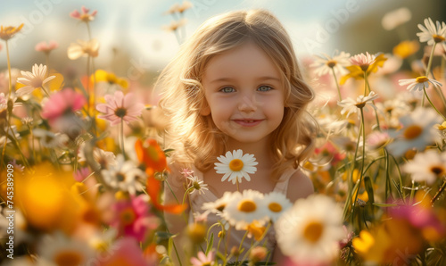 Joyful Child in Spring Flower Field, Sunny Summer Hat Girl