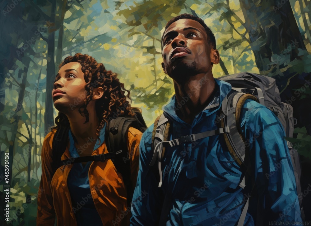 A Man and a woman walking through a forest. A Man and a woman walking through a forest.