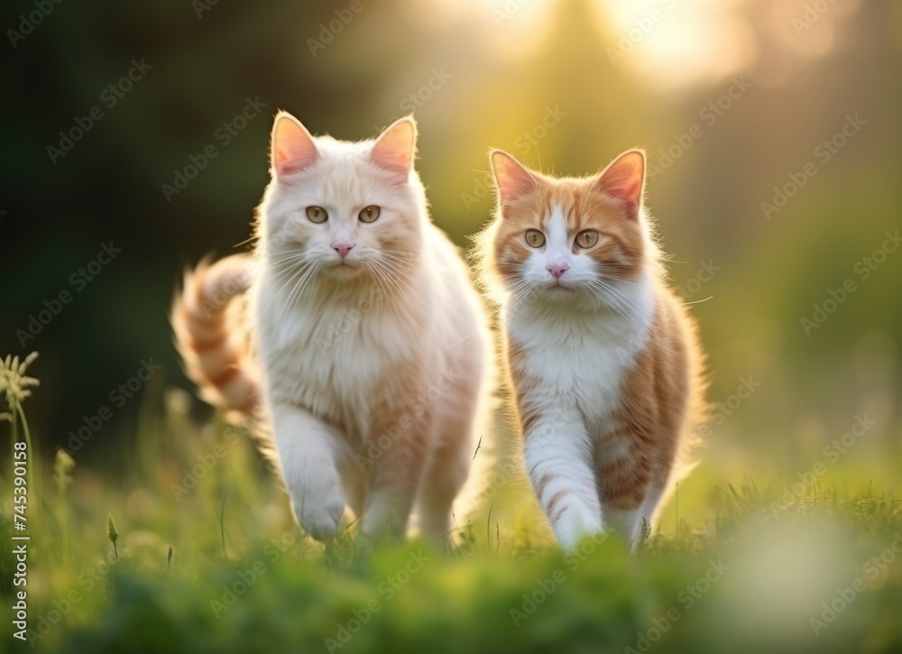 Two cats walking across a field.
