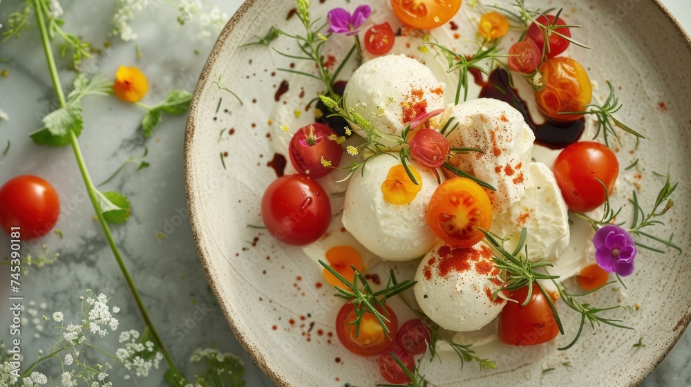 a white plate topped with mozzarella, cherry tomatoes, and sprigs of greenery next to flowers. a white plate topped with mozzarella, cherry tomatoes, and sprigs of greenery next to flowers.