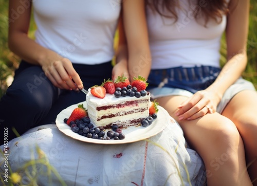Two friends enjoying a berry adorned cake outdoors on a sunny day. 
