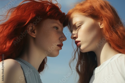 Two red haired girls facing each other against a clear blue sky.