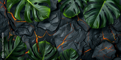 Tropical leaves frame around on a raw matte black lava  or granite stone with fresh laca in the cracks background or banner place for text title for elegand wild ntural high end design photo