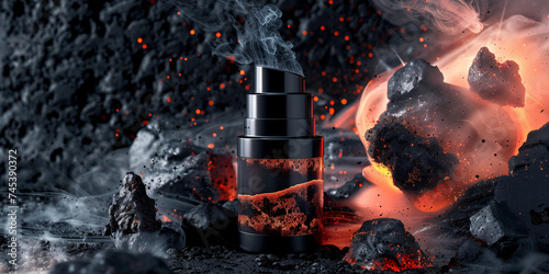 Fictive high end cosmetic brand display photo with a vulcanic thermal water minerals and clay ingredients serums and cream products comercial photo with fresh lava smoke and raw lava stone