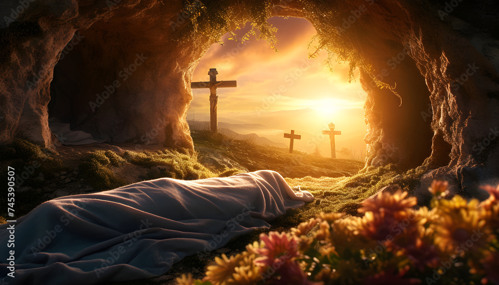 The empty tomb of the crucifixion of Jesus. Easter or resurrection motif. - obrazy, fototapety, plakaty 