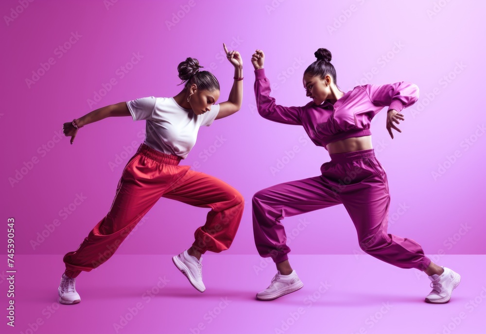 Dynamic Duo Performing Energetic Dance Moves Against Vibrant Pink Background