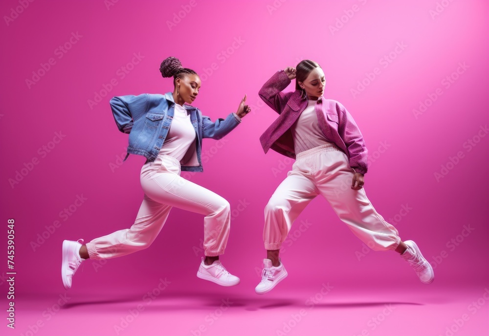 Dynamic Duo Performing Energetic Dance Moves Against Vibrant Pink Background