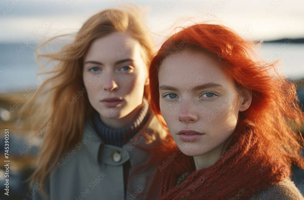 Two women posing serenely at seaside during golden hour. Two women posing serenely at seaside during golden hour.