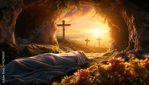 The empty tomb of the crucifixion of Jesus. Easter or resurrection motif. photo