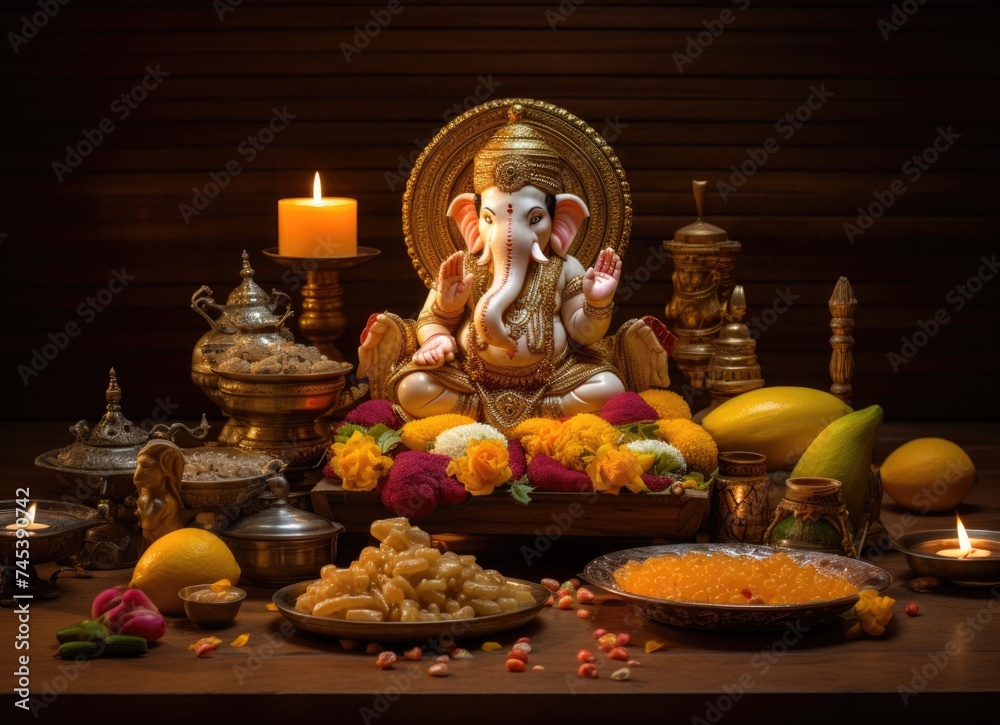 Lord Ganesha Idol Surrounded by Traditional Indian Festive Foods and Accessories