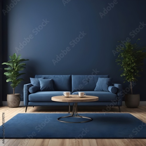 a contemporary living area with a dark blue wall, a blue sofa with a coffee table, and a 3D depiction