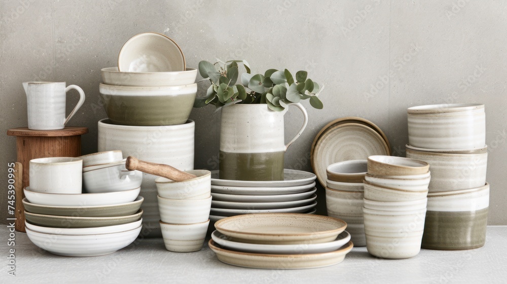 a table topped with lots of white and green plates and cups and a vase with a green plant in it. a table topped with lots of white and green plates and cups and a vase with a green plant in it.