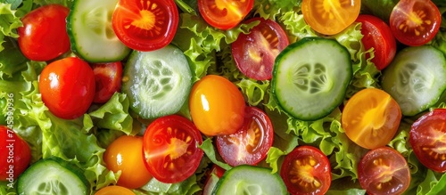 A vibrant salad featuring crisp lettuce leaves, juicy cherry tomatoes, and crunchy cucumber slices tossed together in a bowl.