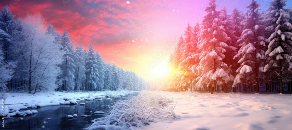 Winter sunset over a tranquil frozen lake surrounded by snow covered trees. Winter sunset over a tranquil frozen lake surrounded by snow covered trees.