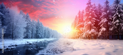 Winter sunset over a tranquil frozen lake surrounded by snow covered trees.