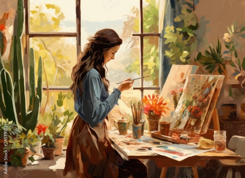 Serene afternoon of a woman painting on an easel surrounded by lush greenery.