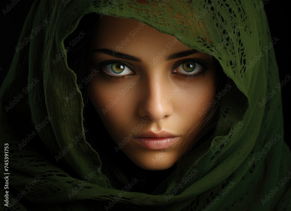 Striking portrait of a young woman wearing a green hijab with piercing eyes.