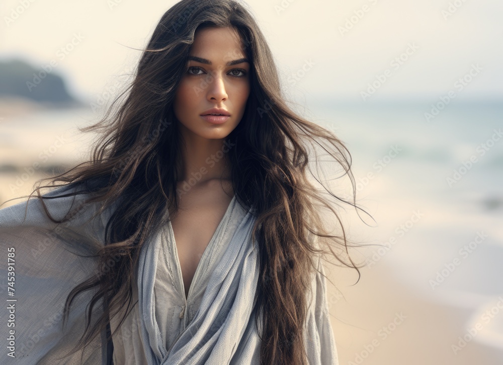 Woman standing on beach by ocean. Woman standing on beach by ocean.