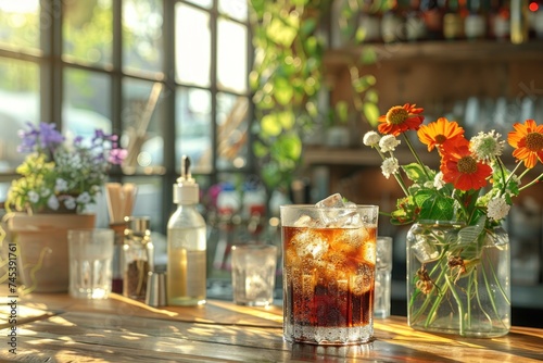 Cold brew coffee in a glass with ice on a wooden counter, with vibrant flowers in a vase and sunlight streaming through a window.