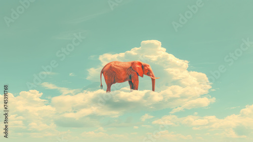 a red elephant standing on top of a cloud in a blue sky with a word written in the middle of it. photo