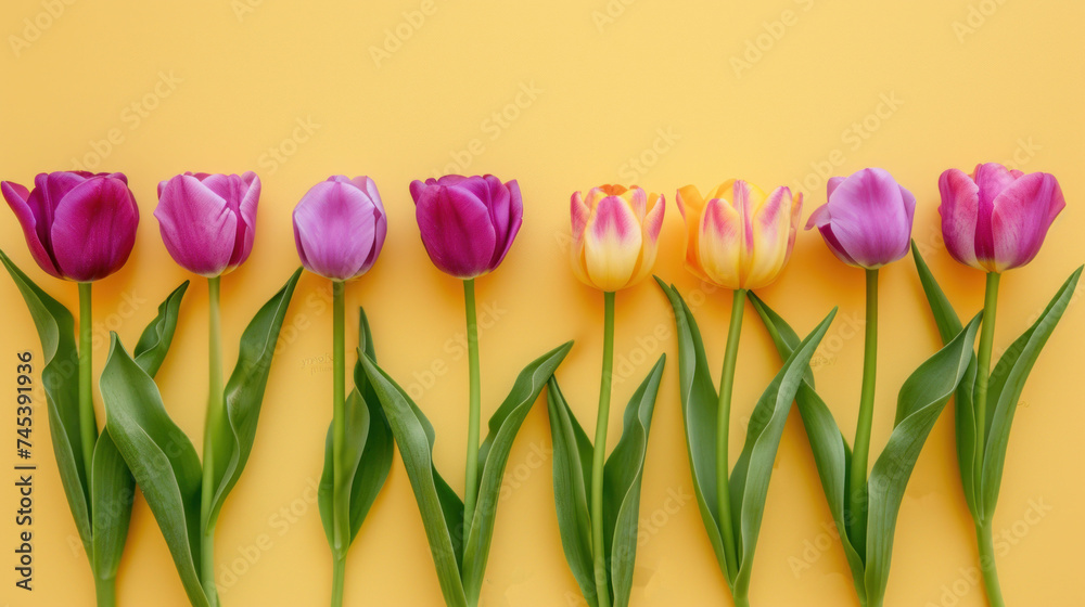 a row of pink and yellow tulips with green leaves on a yellow background with a smaller row of pink and yellow tulips with green leaves on a yellow background.