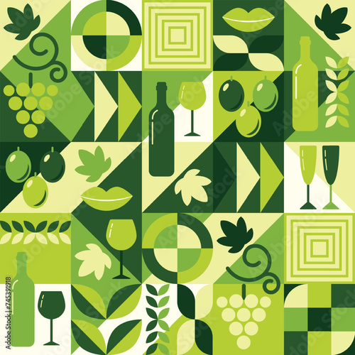 White wine theme background with design elements in simple geometric style. Seamless pattern with abstract shapes. Good for branding, decoration of wine package, cover design, decorative print