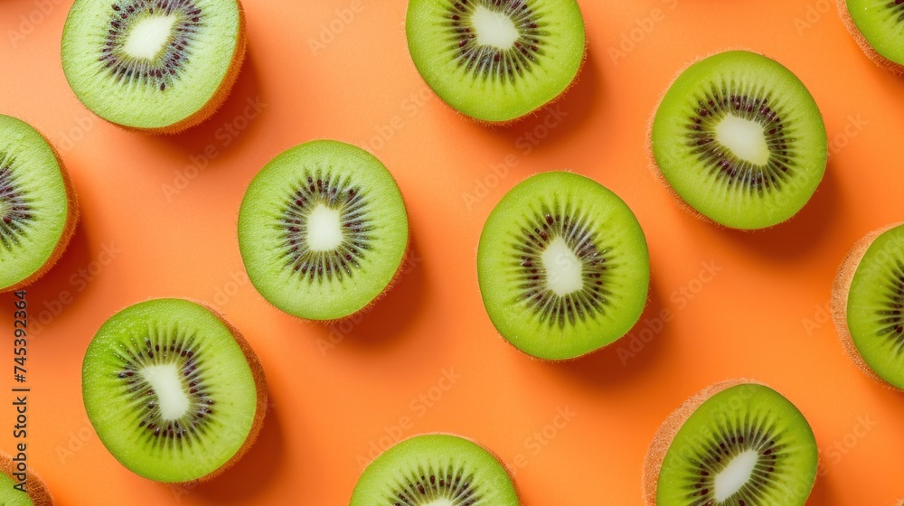 Fototapeta premium a group of kiwis sitting on top of an orange surface with one kiwi cut in half and one kiwi sliced in half.