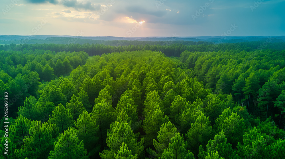Aerial View of Summer Forest Landscape.  Woodland Serenity.  Top of the World