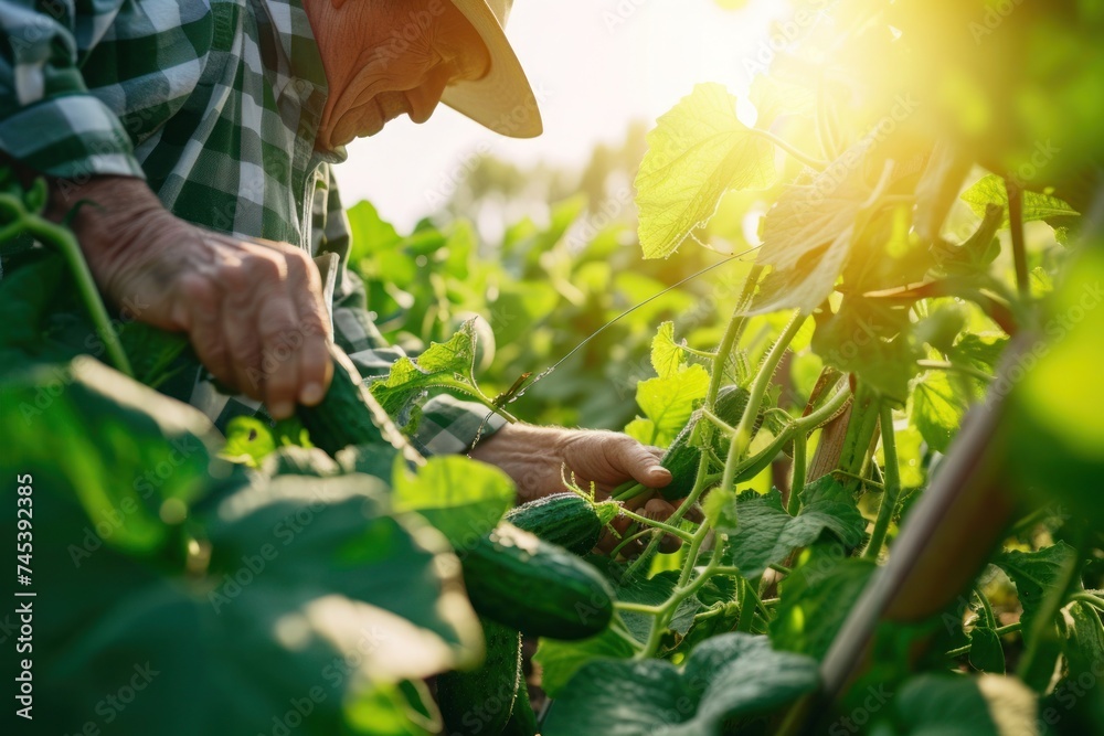 A man is harvesting cucumbers in an agricultural field