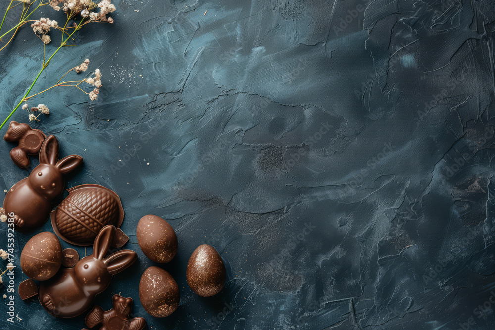 Chocolate Easter eggs, bunny and sweets on a dark blue background, copyspace - obrazy, fototapety, plakaty 
