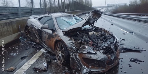A car very badly damaged after an accident on a motorway