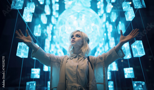 Young Woman Raising Her Hands Amidst Sparkling Blue Crystals