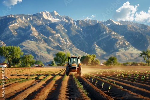 A tractor equipped with precision agriculture technology planting seeds in perfectly aligned rows, on a farm practicing water conservation, celebrating Earth Day.