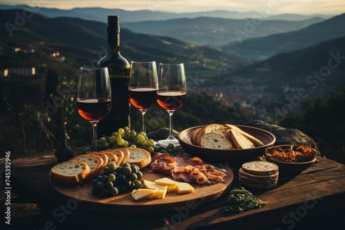 Outdoor picnic with red wine, prosciutto, jamon on table against mountain landscape backdrop