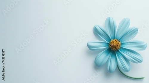 a blue flower with a yellow center on a light blue background with a yellow center on the center of the flower. photo