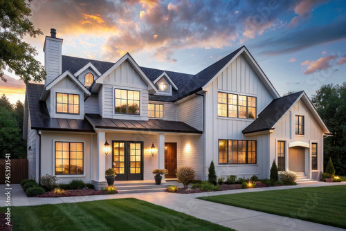 Twilight Elegance: Beautiful Modern Farmhouse Style Luxury Home Exterior
