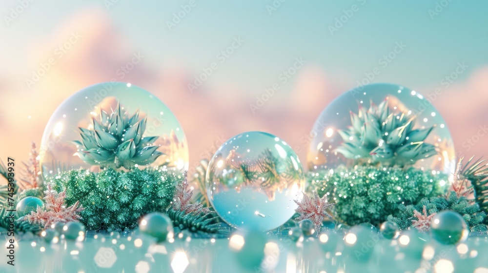 a group of snow globes sitting on top of a snow covered ground next to a snow covered pine tree. - obrazy, fototapety, plakaty 