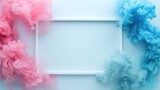 three colored smokes in a square frame on a blue and pink background with a white rectangle in the middle.