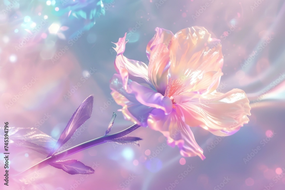 Digital art of a delicate holographic flower with iridescent petals blossoming in a surreal, soft-focus dreamscape.