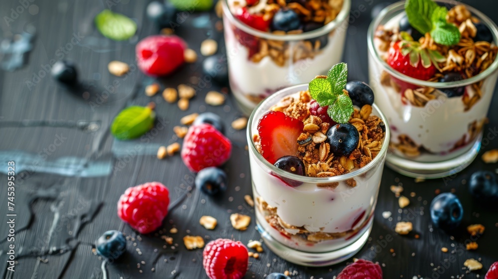 Healthy breakfast. Yogurt with granola and fresh berries. Diet, low calorie, weight loss food. Active, fit, healthy lifestyle. Healthy breakfast. Yogurt with granola and fresh berries. Diet, low calorie, weight loss food. Active, fit, healthy lifestyle.