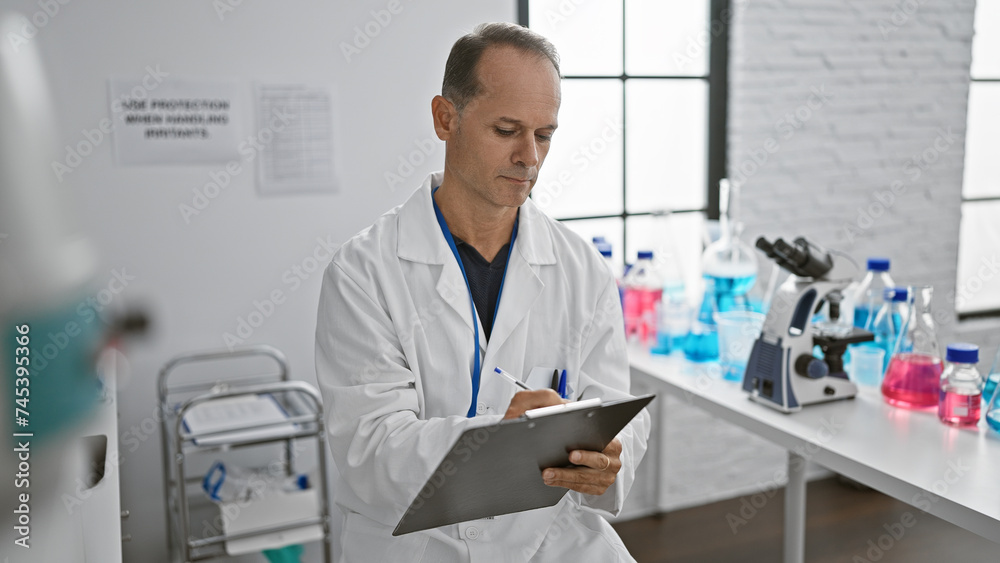 Focused middle-aged man, a seasoned scientist, immersed in serious report writing inside a bustling lab