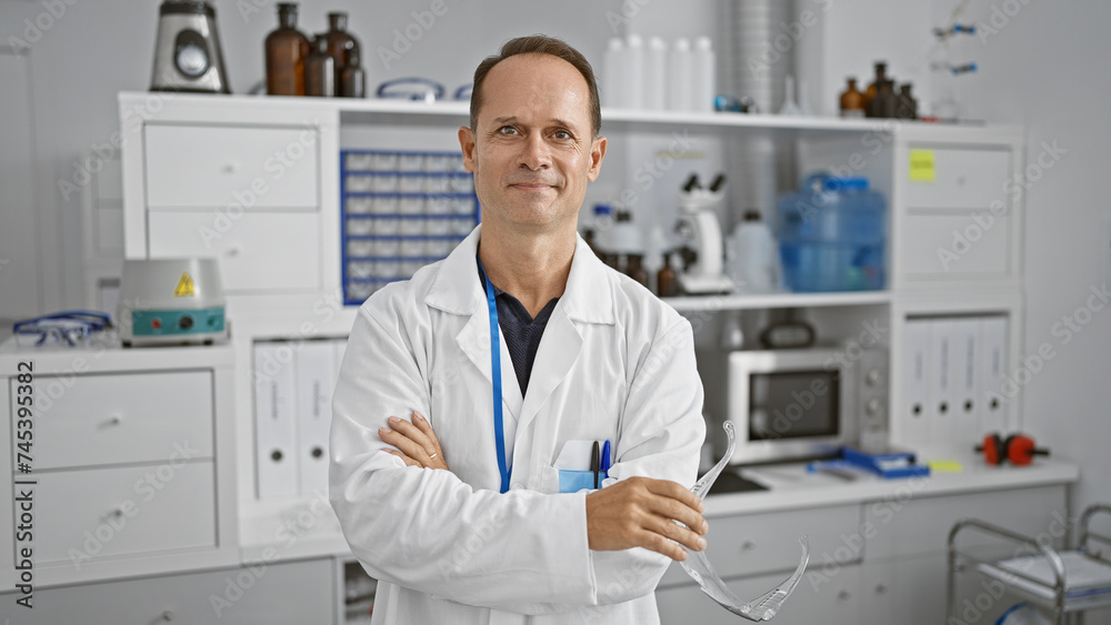 Confident middle age man, a happy scientist, smiling with arms crossed while standing in his lab Confident middle age man, a happy scientist, smiling with arms crossed while standing in his lab