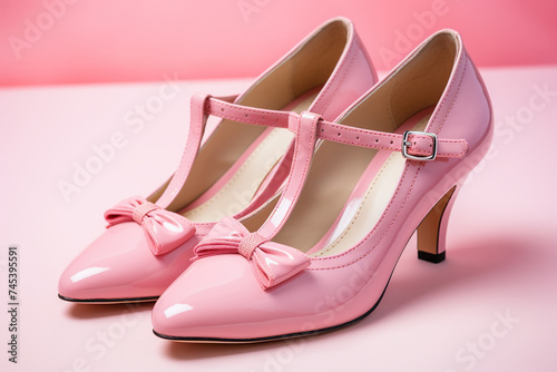 Elegant vintage pink low heels with a bow on the front. Women's shoes, side view. Generated by artificial intelligence