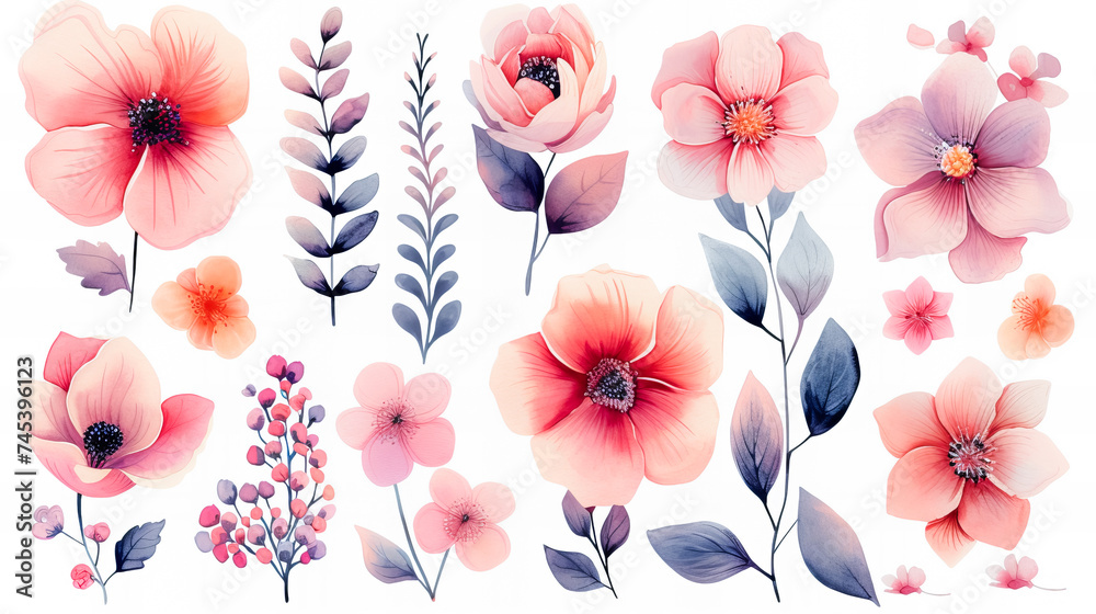 Beautiful romantic flower stickers collection - obrazy, fototapety, plakaty 